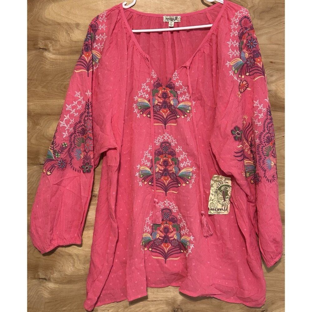 NWT One World 2X Embroidered Colorful Top Shirt Long Sleeve Boho